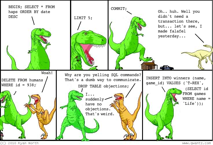 In which T-rex speaks SQL all the time. I am too lazy to type all the dialogue into the alt text, sorry.