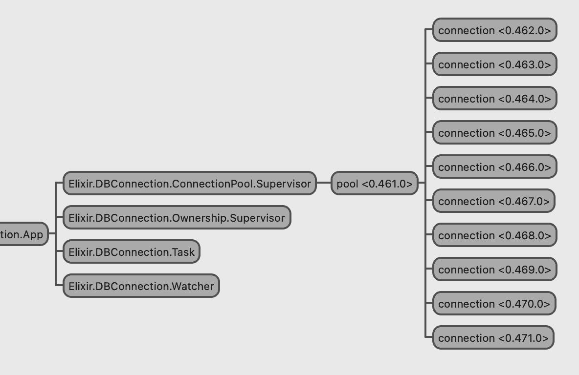 DBConnection tree with processes on the right labeled like "pool <0.461.0>" or "connection <0.467.0>"