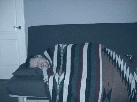 Animation - me sleeping on a futon, waking up terrified, then giving a thumbs up